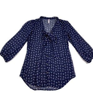 Xhilaration Nautical Semi Sheer Button Down Top With Tie Neckline Detail Size S